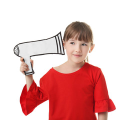 Cute little girl with paper megaphone on white background