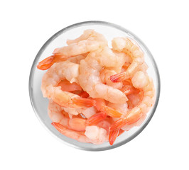 Bowl with fresh shrimps on white background