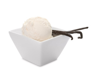Bowl with delicious vanilla ice cream and pods on white background