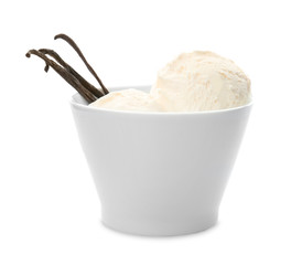 Bowl with delicious vanilla ice cream and pods on white background