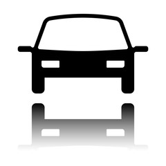 car icon. Black icon with mirror reflection on white background