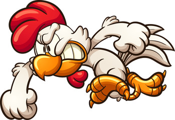 Angry cartoon chicken throwing a punch. Vector clip art illustration with simple gradients. All in a single layer.