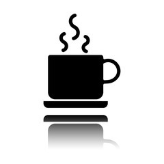 cup of hot tea or coffee icon. Black icon with mirror reflection on white background