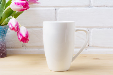 White coffee cappuccino mug mockup with magenta pink tulips