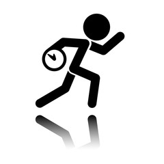 Fototapeta na wymiar Running man with clock. Simple icon. To be late. An unpleasant situation. Black icon with mirror reflection on white background