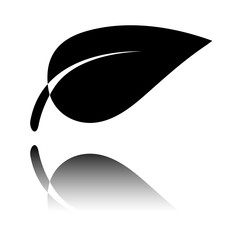 leaf icon. Black icon with mirror reflection on white background