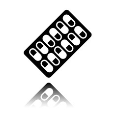 Pack Pills Icon. Black icon with mirror reflection on white background