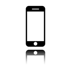 mobile phone icon. Black icon with mirror reflection on white background