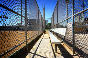 baseball field dugout with bench - obrazy, fototapety, plakaty