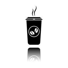 cup of hot coffee icon. Black icon with mirror reflection on white background