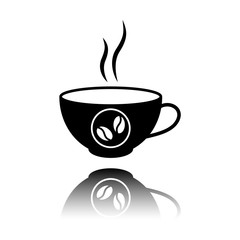 cup of hot coffee icon. Black icon with mirror reflection on white background