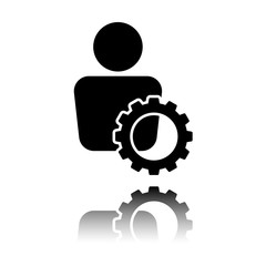 human with gear icon. Black icon with mirror reflection on white background