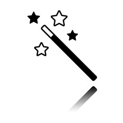 magic wand with stars. simple silhouette. Black icon with mirror reflection on white background