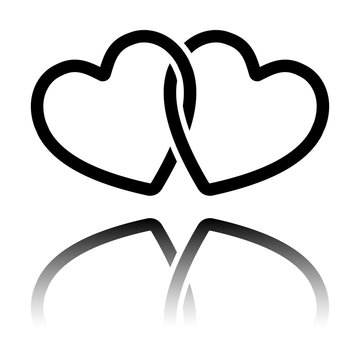 linked hearts icon. Black icon with mirror reflection on white background