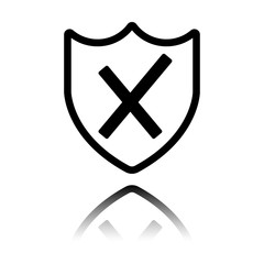 protection broken. simple icon. Black icon with mirror reflection on white background