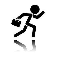 running man with case. Black icon with mirror reflection on white background
