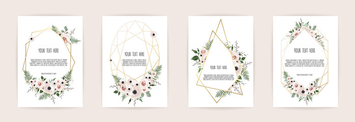 Set of card with flower rose, leaves and geometrical frame. Wedding ornament concept. Floral poster, invite. Vector decorative greeting card