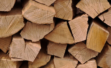 Cut and stacked hard woods of different shapes and sizes