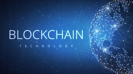 Blockchain technology on futuristic hud background with glowing polygon world globe and blockchain peer to peer network. Global cryptocurrency blockchain business banner concept.