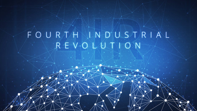 Fourth industrial revolution on futuristic hud with world map globe and blockchain polygon peer to peer network. Industrial revolution and global cryptocurrency blockchain business banner concept