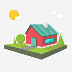 Red and blue house isometric vector illustration