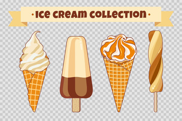 Ice cream collection at transparent background. Colorful bright ice cream, waffle cones and fruit ice. Cartoon illustration for web, advertising, banner, poster, flyer. Vector illustration.