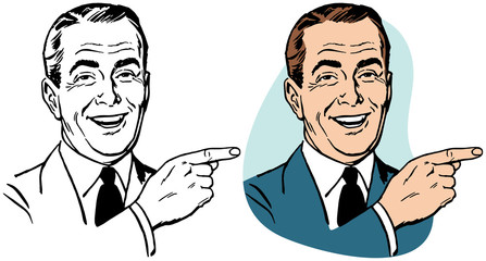 A portrait of a smiling businessman in a suit pointing to the right. © RTRO