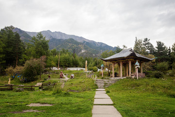 Autumn landscape. path to the gazebo in the mountains