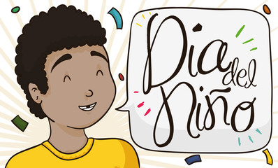 Brunette Boy with Speech Bubble Celebrating Children's Day in Spanish, Vector Illustration