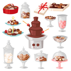 Chocolate candy vector sweet confection dessert with cocoa in glass jar in confectionery shop illustration of tasty choco truffle in vase of candyshop set isolated on background