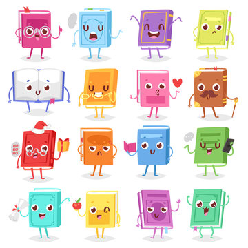 Book character vector cartoon emotion textbook with childish face expression on notebook cover illustration educational set of reading kawaii studing at school isolated on white background