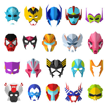 Hero mask vector superhero masque and masking face cartoon character illustration set of powerful masked symbol isolated on white background