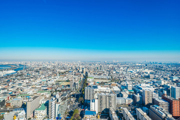 Naklejka na ściany i meble Asia business concept for real estate and corporate construction - panoramic urban city skyline aerial view under blue sky and sunny day in funabori, tokyo, Japan