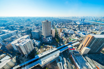 Asia business concept for real estate and corporate construction - panoramic urban city skyline aerial view under blue sky and sunny day in funabori, tokyo, Japan