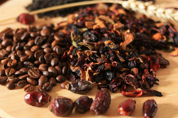 Herbal tea and coffee beans