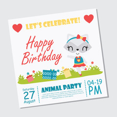 Cute girl raccoon on flower garden vector cartoon illustration for happy birthday card design, postcard, and wallpaper