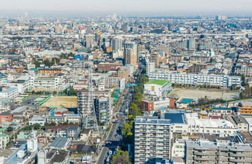 Fototapeta na wymiar Asia business concept for real estate and corporate construction - panoramic urban city skyline aerial view under blue sky and sunny day in funabori, tokyo, Japan