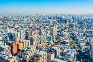 Fototapeta na wymiar Asia business concept for real estate and corporate construction - panoramic urban city skyline aerial view under blue sky and sunny day in funabori, tokyo, Japan
