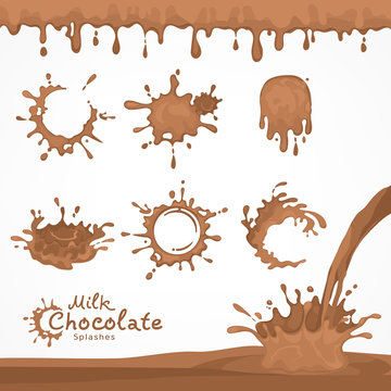 Set of milk chocolate blots and splash, dripping flows hot