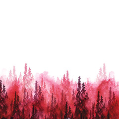 Watercolor group of trees - fir, pine, cedar, fir-tree. Red, pink forest, landscape, forest autumn landscape. Drawing on white isolated background.