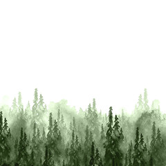 Watercolor group of trees - fir, pine, cedar, fir-tree. green forest, countryside landscape. Drawing on white isolated background. Foggy forest © helgafo