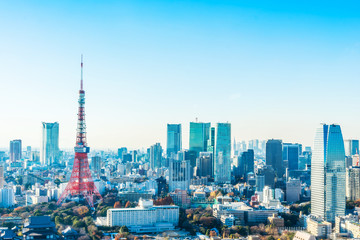 Asia business concept for real estate and corporate construction - panoramic urban city skyline aerial view under blue sky and sunny day in hamamatsucho, tokyo, Japan