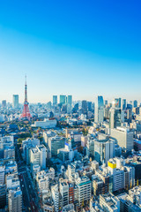 Naklejka premium Asia business concept for real estate and corporate construction - panoramic urban city skyline aerial view under blue sky and sunny day in hamamatsucho, tokyo, Japan