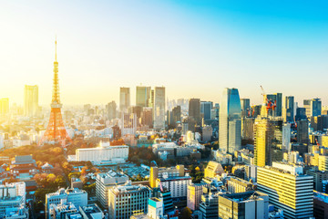 Asia business concept for real estate and corporate construction - panoramic urban city skyline aerial view under twilight sky and golden sun in hamamatsucho, tokyo, Japan