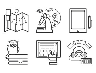 Set of flat design outline icons education tutorials staff training learning research knowledge vector illustration.