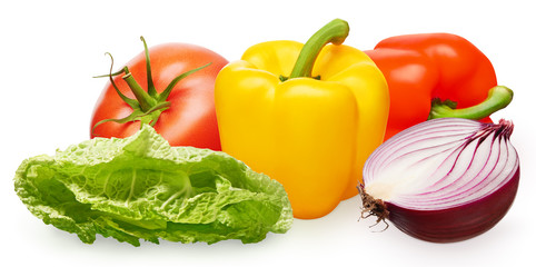 Tomato, yellow and red peppers, half of onion, green salad