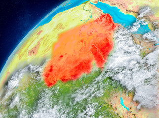 Naklejka premium Space view of Sudan in red