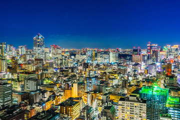 Fototapeta na wymiar Asia business concept for real estate and corporate construction - panoramic urban city skyline aerial view under twilight sky and neon night with highway junction in hamamatsucho, tokyo, Japan