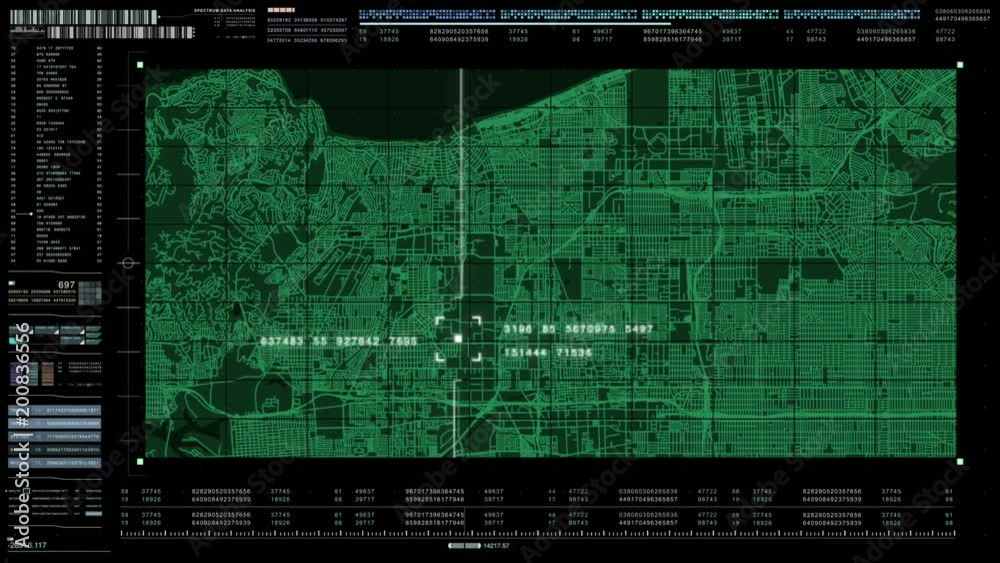 Aufkleber Advance motion graphic futuristic user interface head up display screen with digital holographic city map data telemetry information display for digital background computer desktop display screen