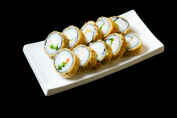 Set Hot fried Sushi Roll with shrimp, leaf lettuce and cheese philadelphia. Sushi menu. Japanese food.